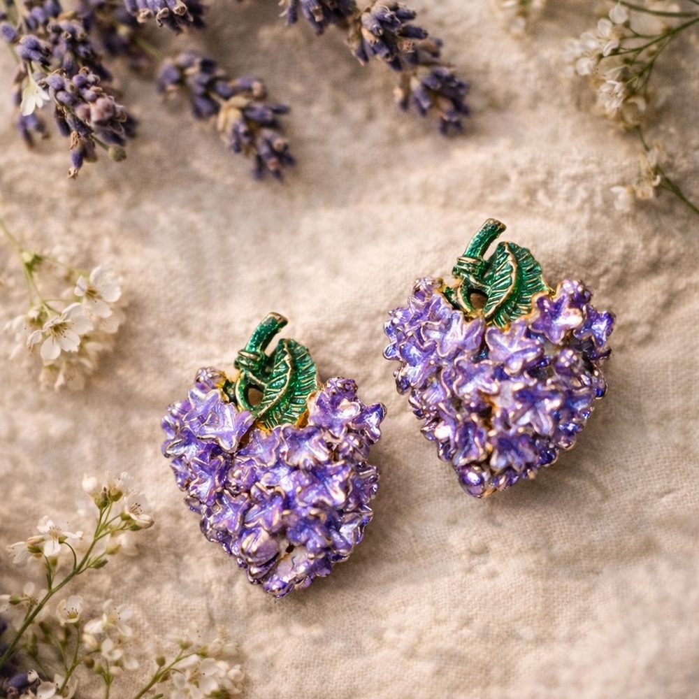 Vintage Purple Iridescent AB Enamel Flower Cluster Clip-On Earrings